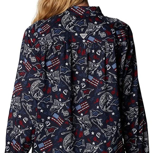 🆕Columbia Women's Slack Water Woven LS Shirt, Collegiate Navy Americana Fishing - Picture 6 of 7